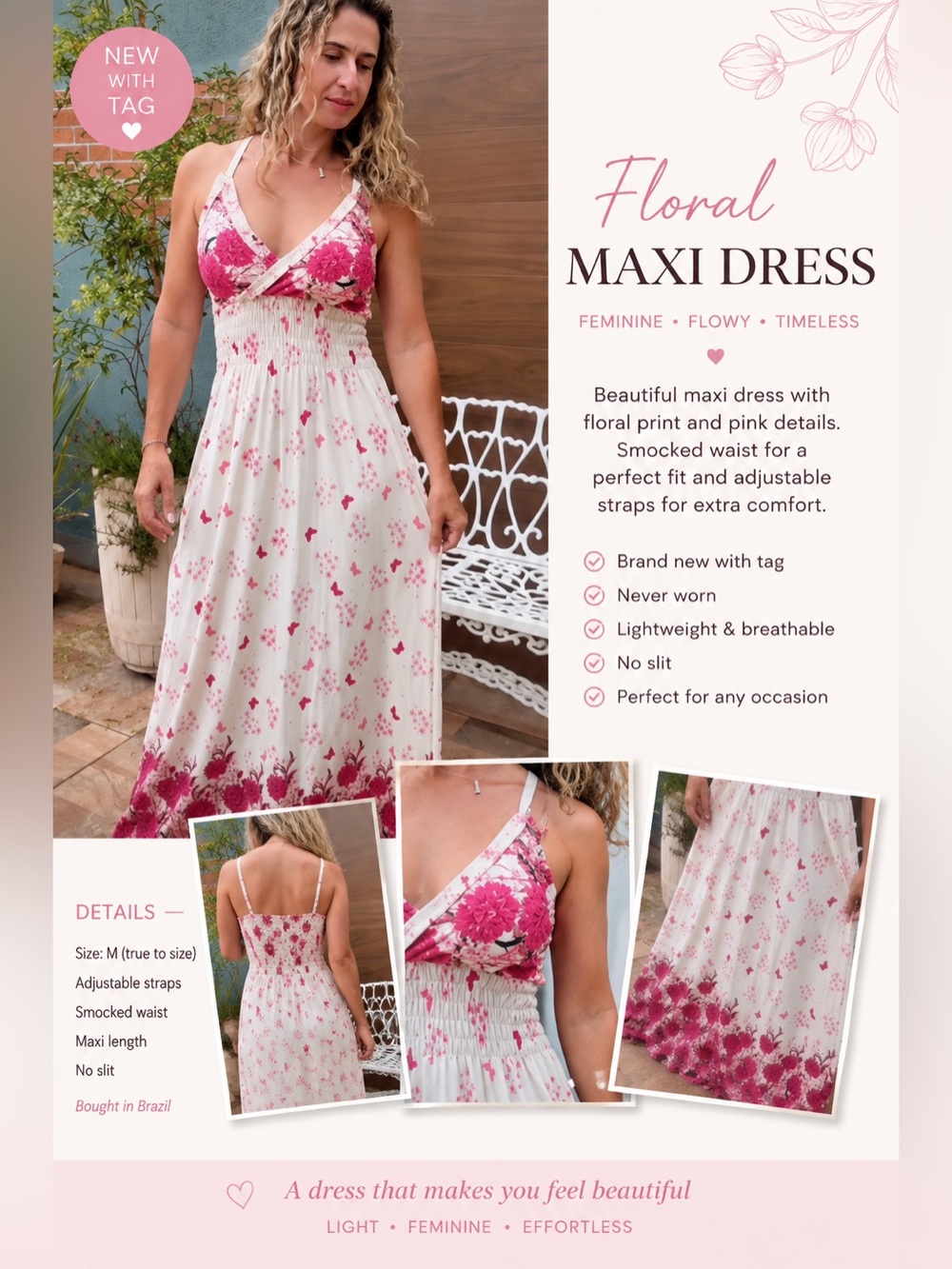 Pink & White Floral Maxi Dress – NWT